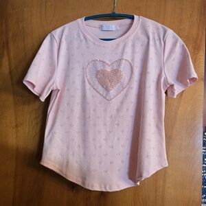 Muy Muy Fancy Collection heart design pink beaded short sleeve size L tee